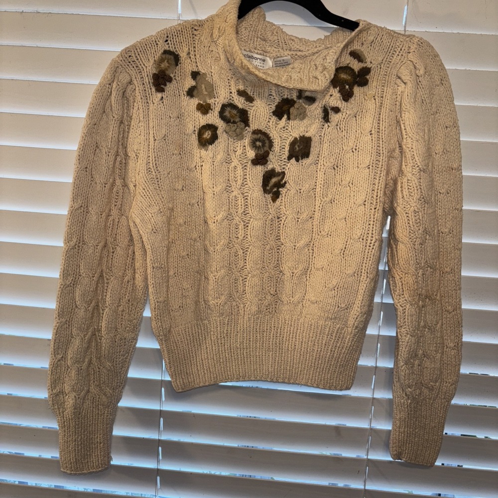 VTG Hand knit Liz Claiborne Sweater Chunky Beige‎ Womens Medium Long Sleeves